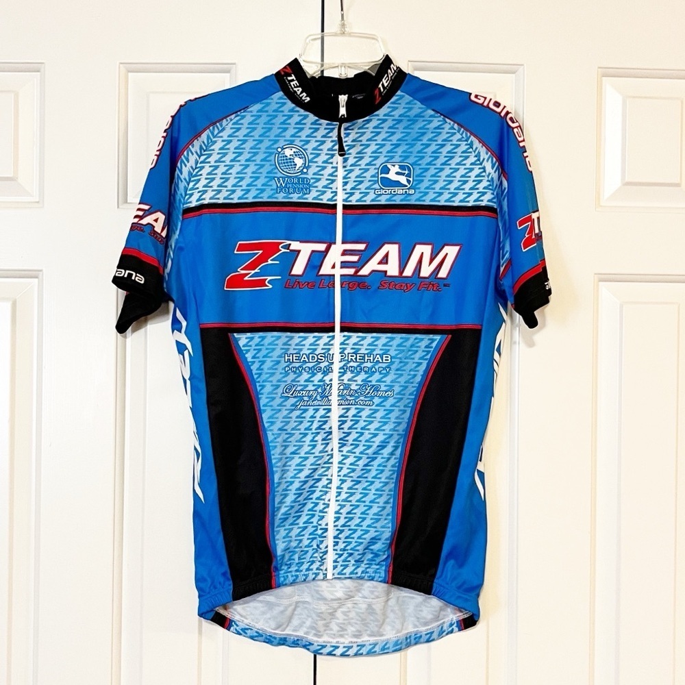 Giordana Full Zip Short Sleeve Blue Cycling Jersey Team Logo. Made in Italy. L